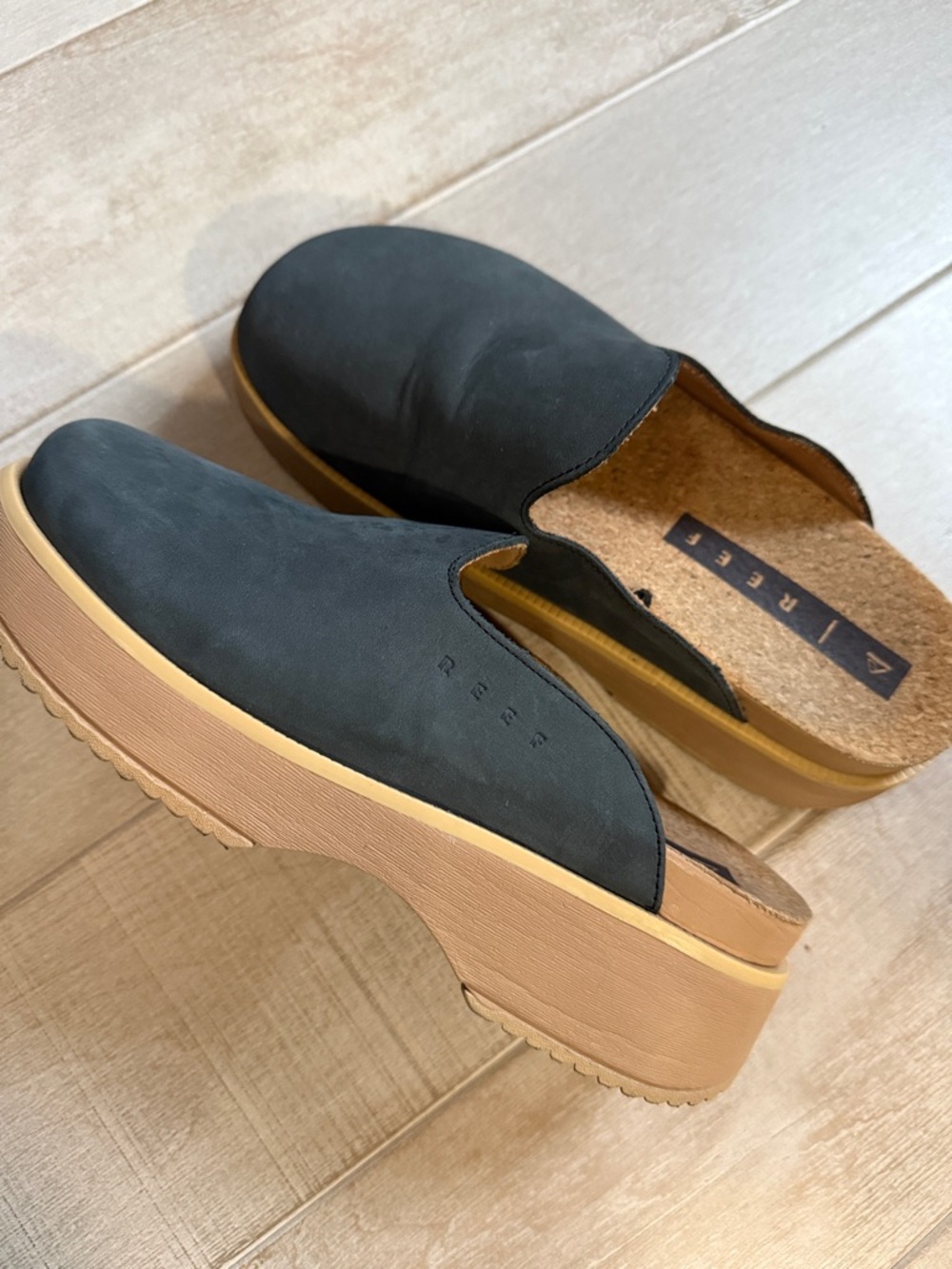 Reef Black and Tan Platform Clog Mules